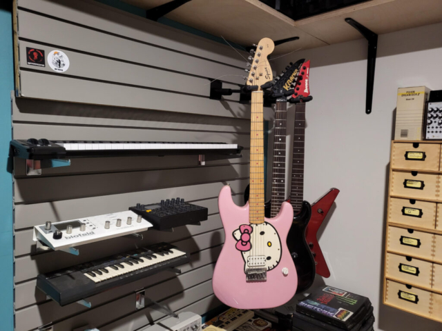 StoreWALL Wall Panels used to hold guitars and keyboards