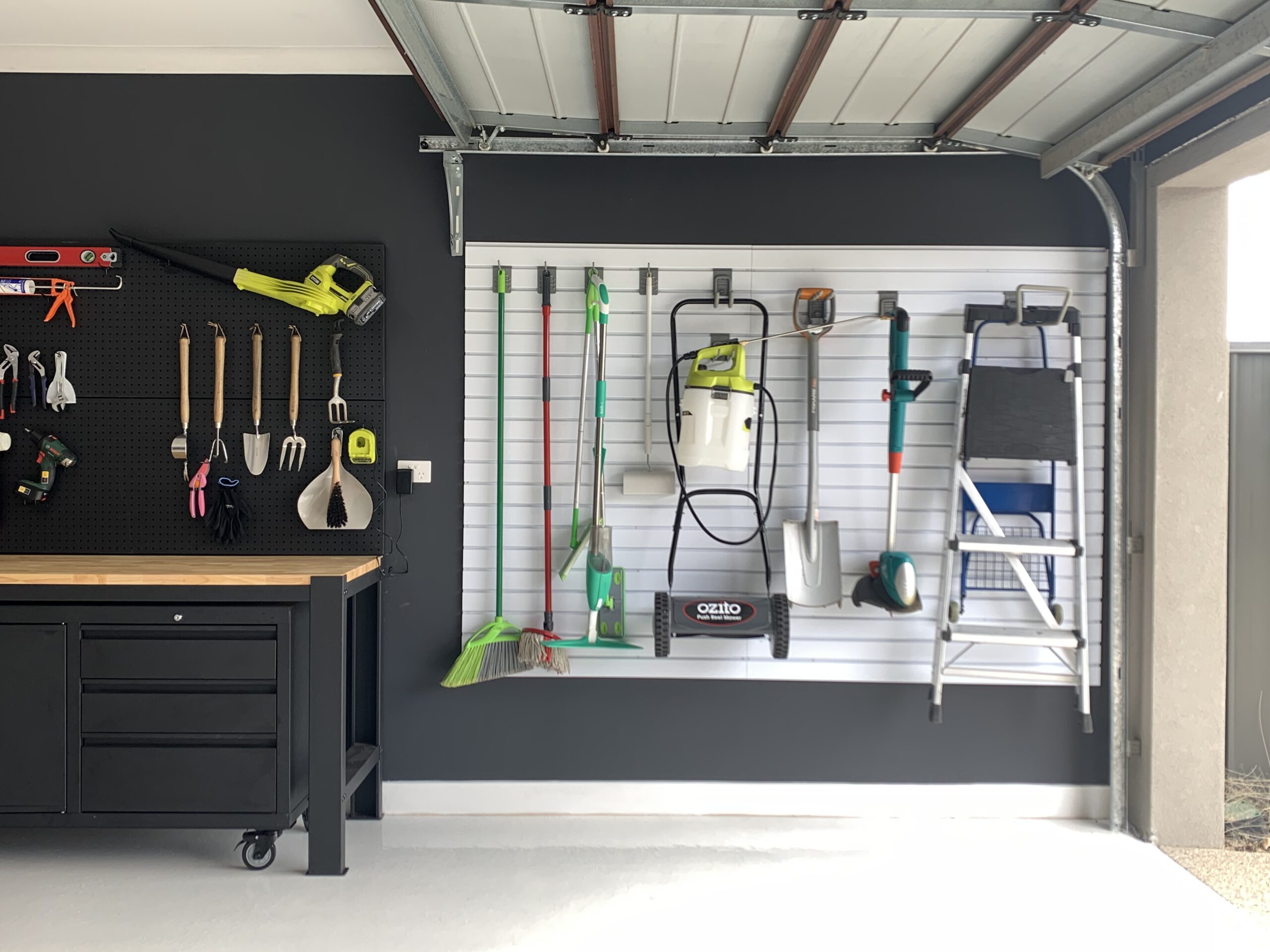 White Panels on a Black Garage Wall